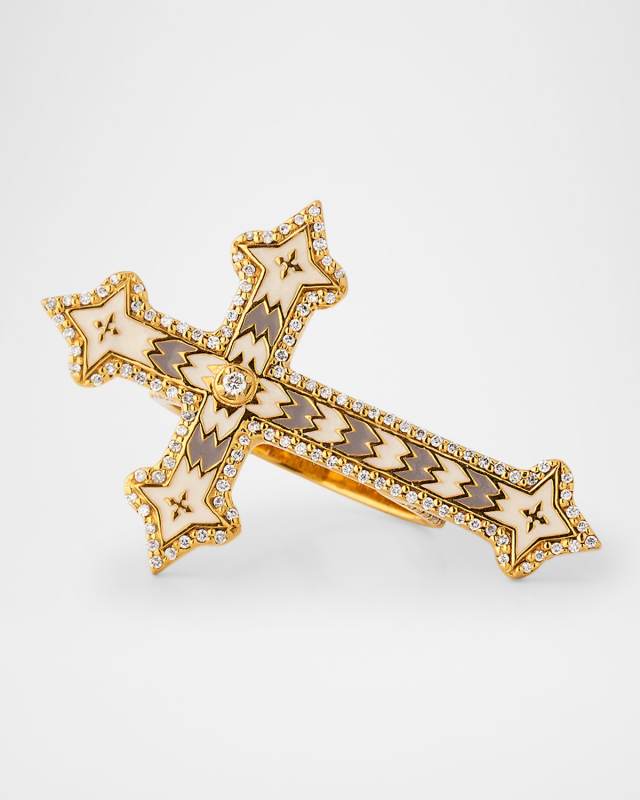 20K White and Grey Enamel Cross Double Finger Ring